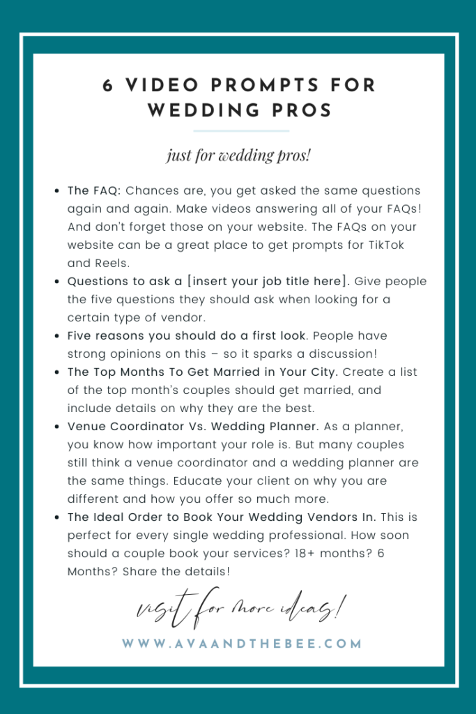 15 Prompts For TikTok and Reels For Wedding Pros | Ava And The Bee Marketing for Wedding Pros
