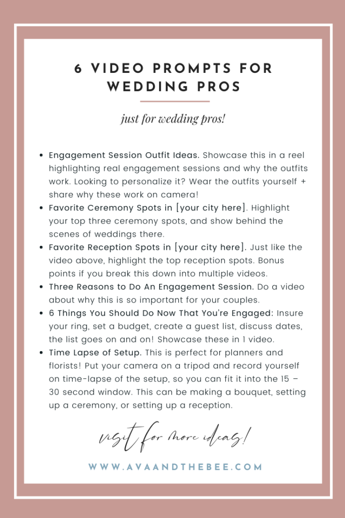 15 Prompts For TikTok and Reels For Wedding Pros | Ava And The Bee Marketing for Wedding Pros