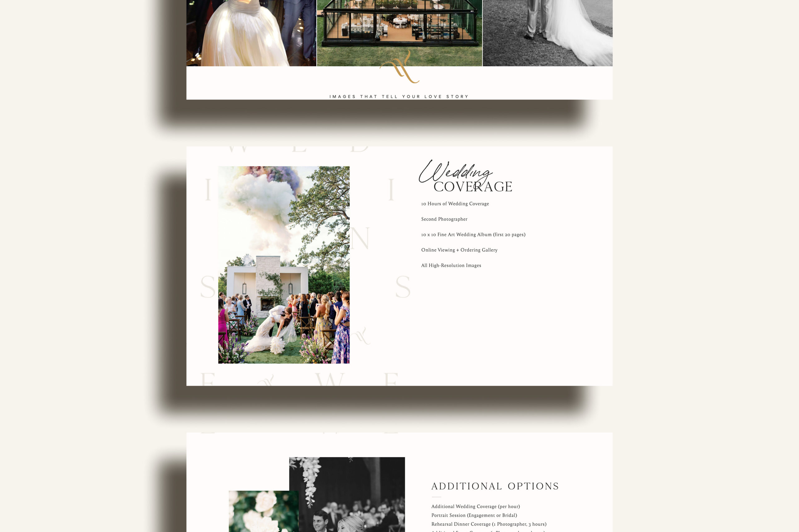 A custom wedding pricing guide, created on a landing page, for a wedding photographer
